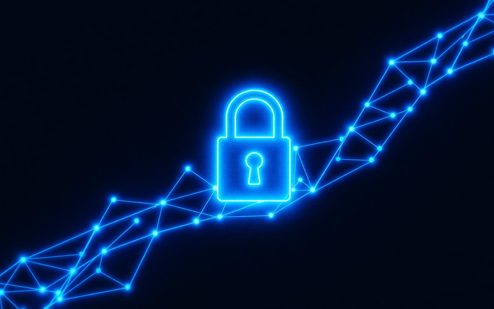Abstract cybersecurity illustration of a glowing padlock within a blue network mesh