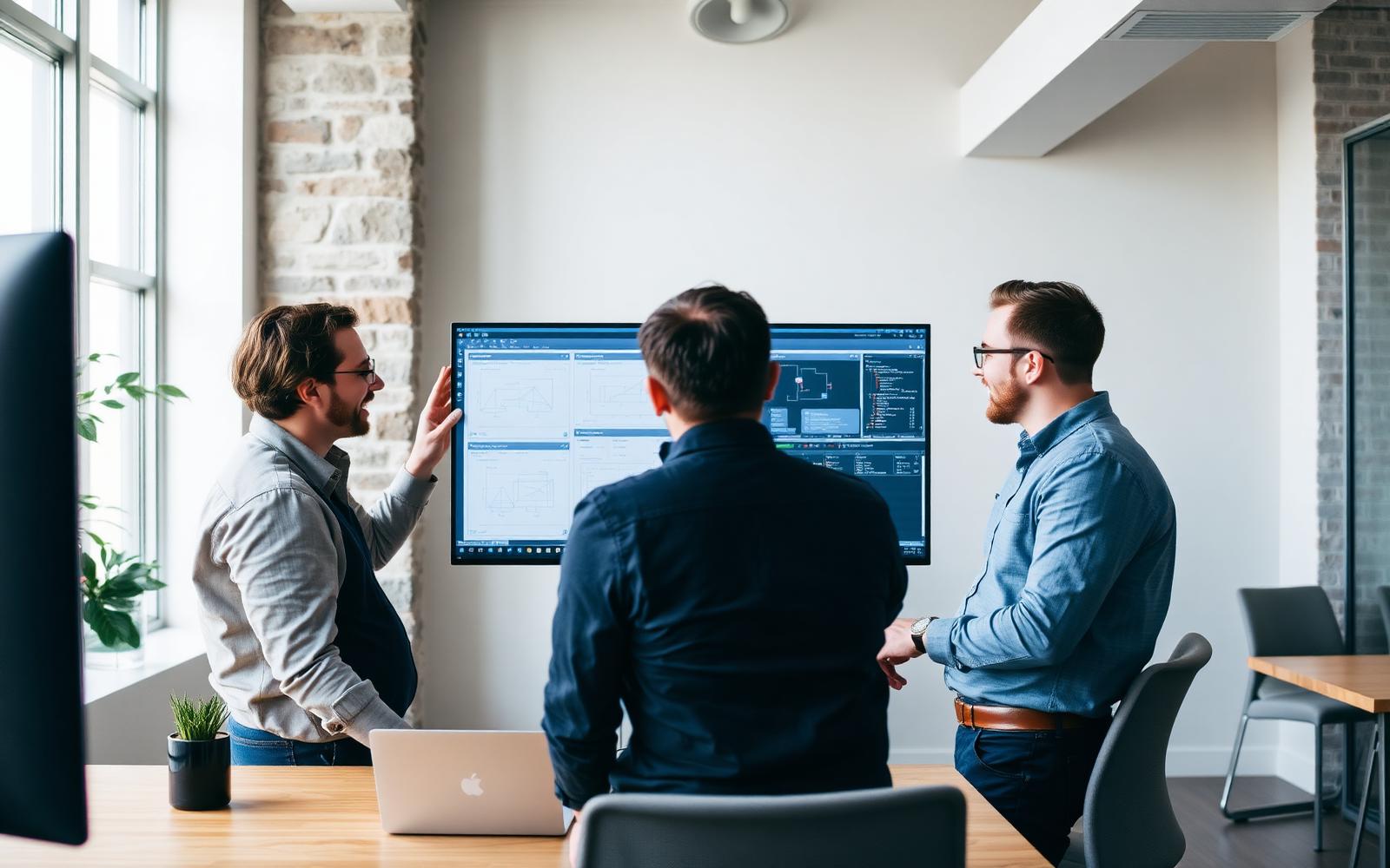Consultants reviewing system architecture diagrams on a large screen in a bright office