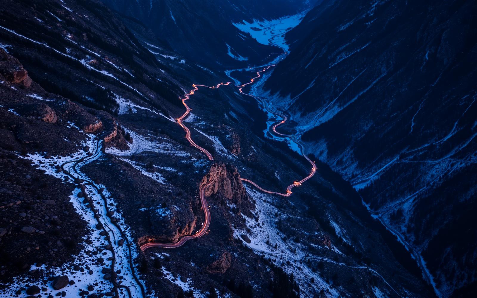 Aerial view of a winding alpine road through a snow-marked valley at blue hour